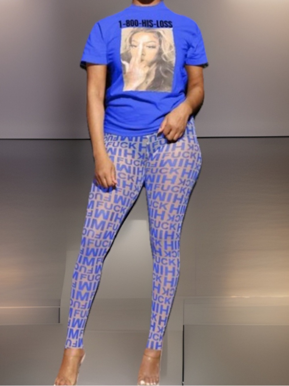2Pc Rare 1-800-HIS-LOSS W/Portrait  Short Sleeve T-Shirt & F*Ck HIM Legging Set